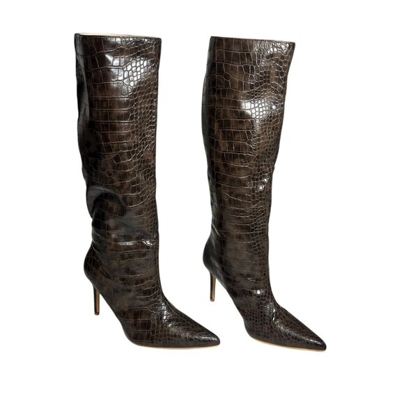 Brown Croc Embossed Knee High Stiletto Heel Boots Size 6 Womens Faux Leather - Picture 3 of 7